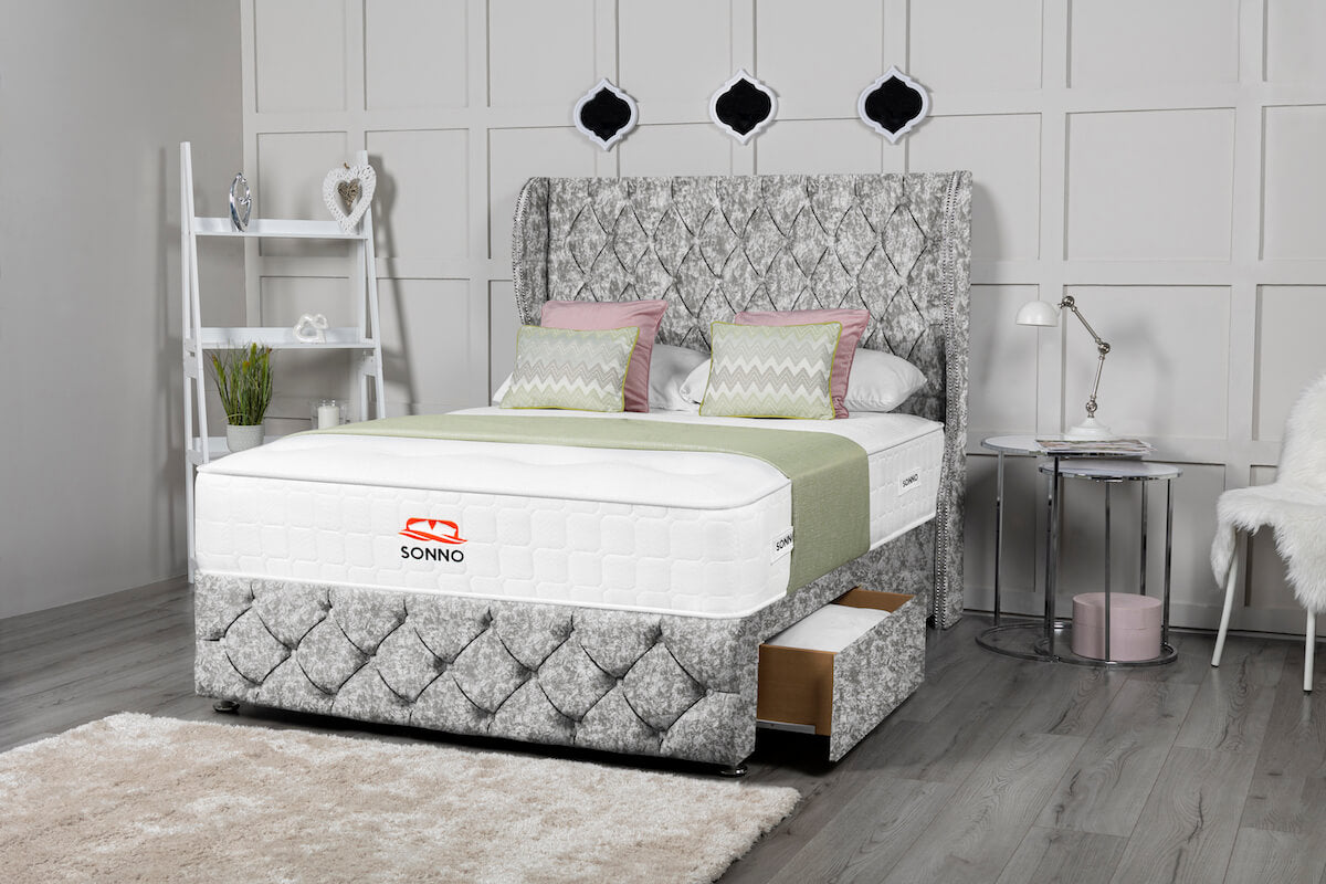 Monaco Wingback Divan Bed Silver Crushed Velvet Sonno